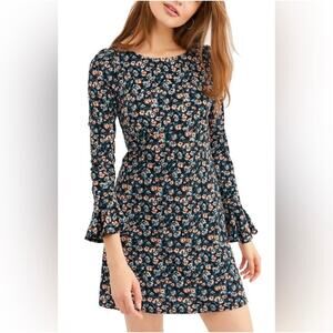Free People Say Hello Mini Dress Long Sleeve Black/Blue Floral Size Small NEW